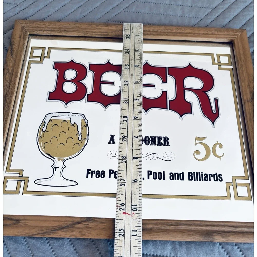 Vintage Beer 5 Cent Schooner Framed Mirror Bar Pub Sign Man Cave Garage 13 X 11